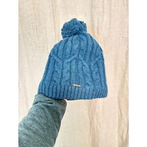 L.L.Bean Lambswool Cable Knit Beanie Hat Pom Blue Fleece‎ Lined OSFA Warm Winter